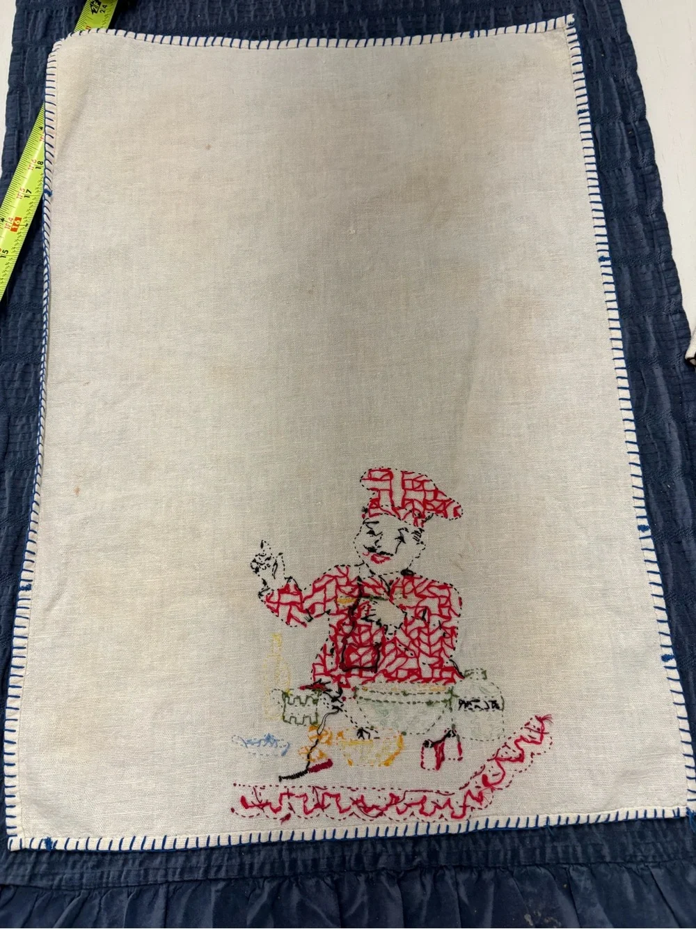 3 vintage hand Embroidered Cotton Kitchen Towels- Blue, red, green cream towels